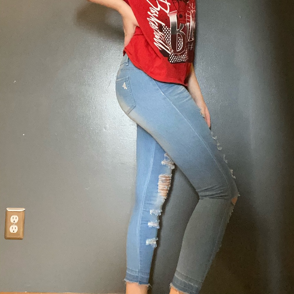 blue skinny jeans worn a lot but in v good shape